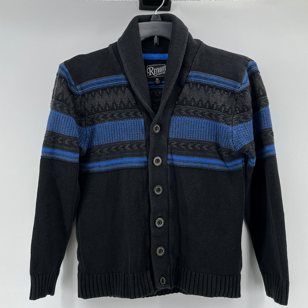 Retrofit Mens Shawl Collar Cardigan Sweater Black Blue Fair Isle SYF3-864MCY M